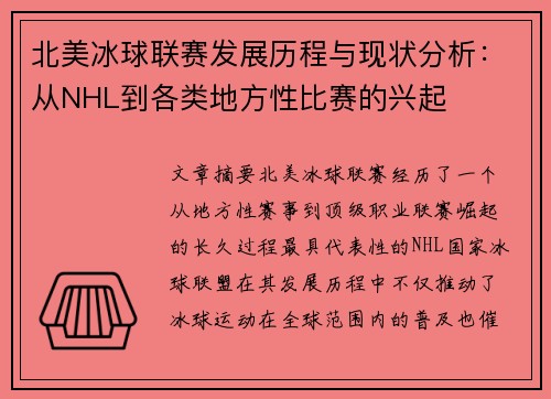 北美冰球联赛发展历程与现状分析：从NHL到各类地方性比赛的兴起