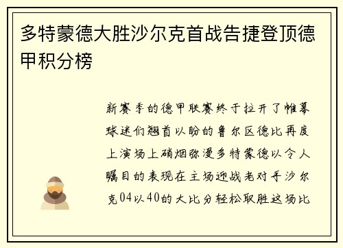 多特蒙德大胜沙尔克首战告捷登顶德甲积分榜