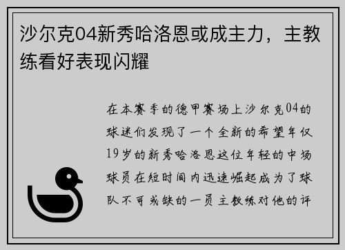 沙尔克04新秀哈洛恩或成主力，主教练看好表现闪耀