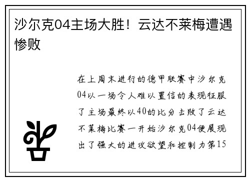 沙尔克04主场大胜！云达不莱梅遭遇惨败
