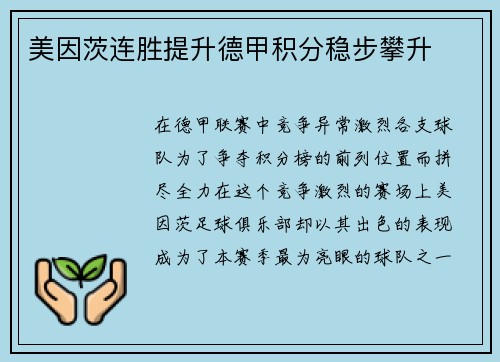 美因茨连胜提升德甲积分稳步攀升