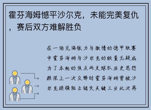 霍芬海姆憾平沙尔克，未能完美复仇，赛后双方难解胜负